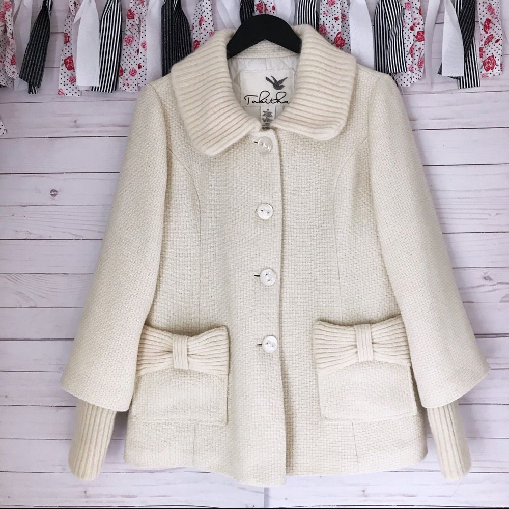 Anthropologie Tabitha Bow Topped Coat Ivory SZ M
